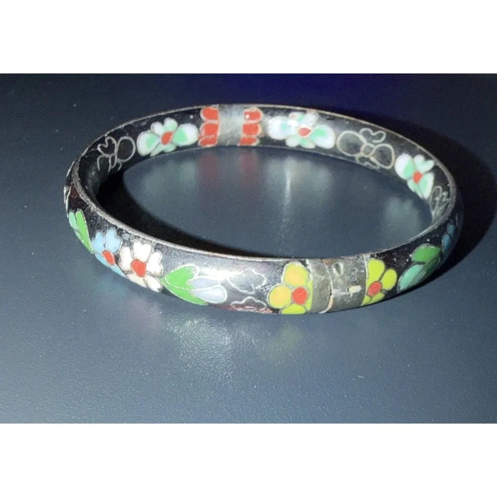 Vtg Asian Style Cloisonne Enamel Brass Bangle F Bracelet Floral Black Red Green